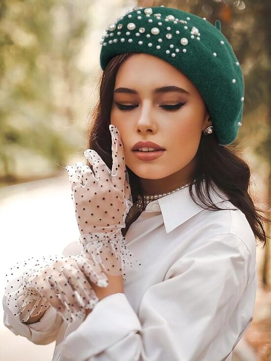 Women\'s Classic French Wool Beret Pearl & Rhinestone Embellishment Hat Green
